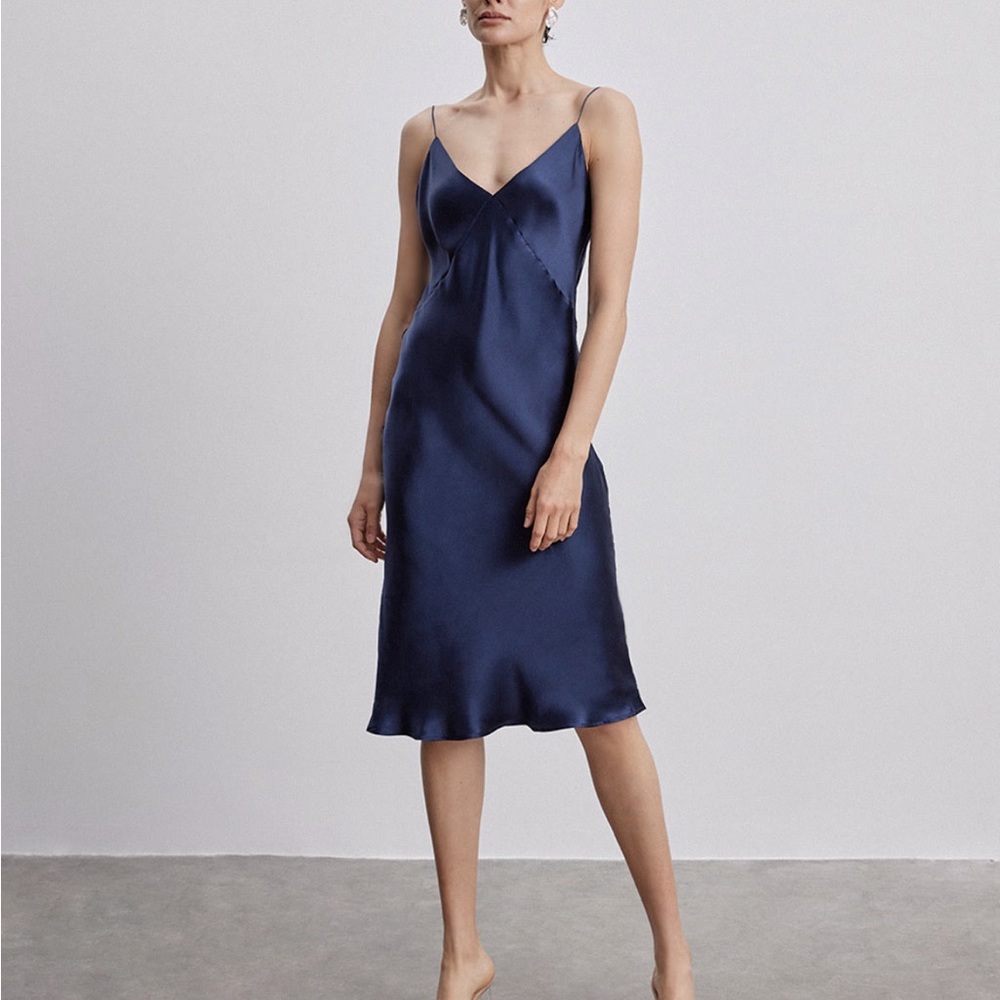 Silk Maison Navy Blue Contemporary Midi Silk Slip Dress S Small